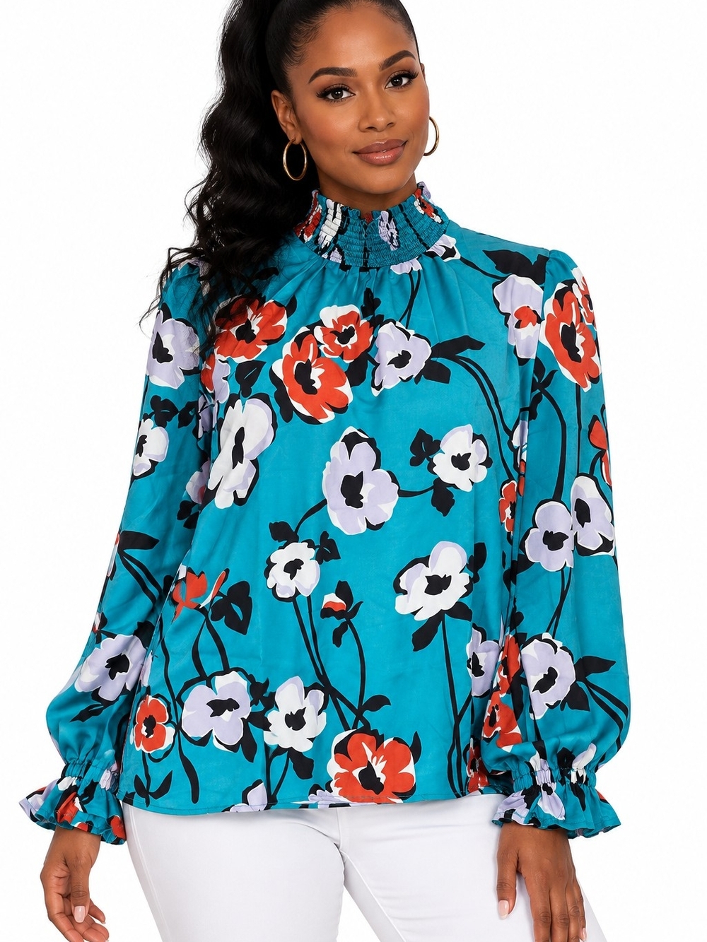 Floral Smocked Neck Blouse - Teal